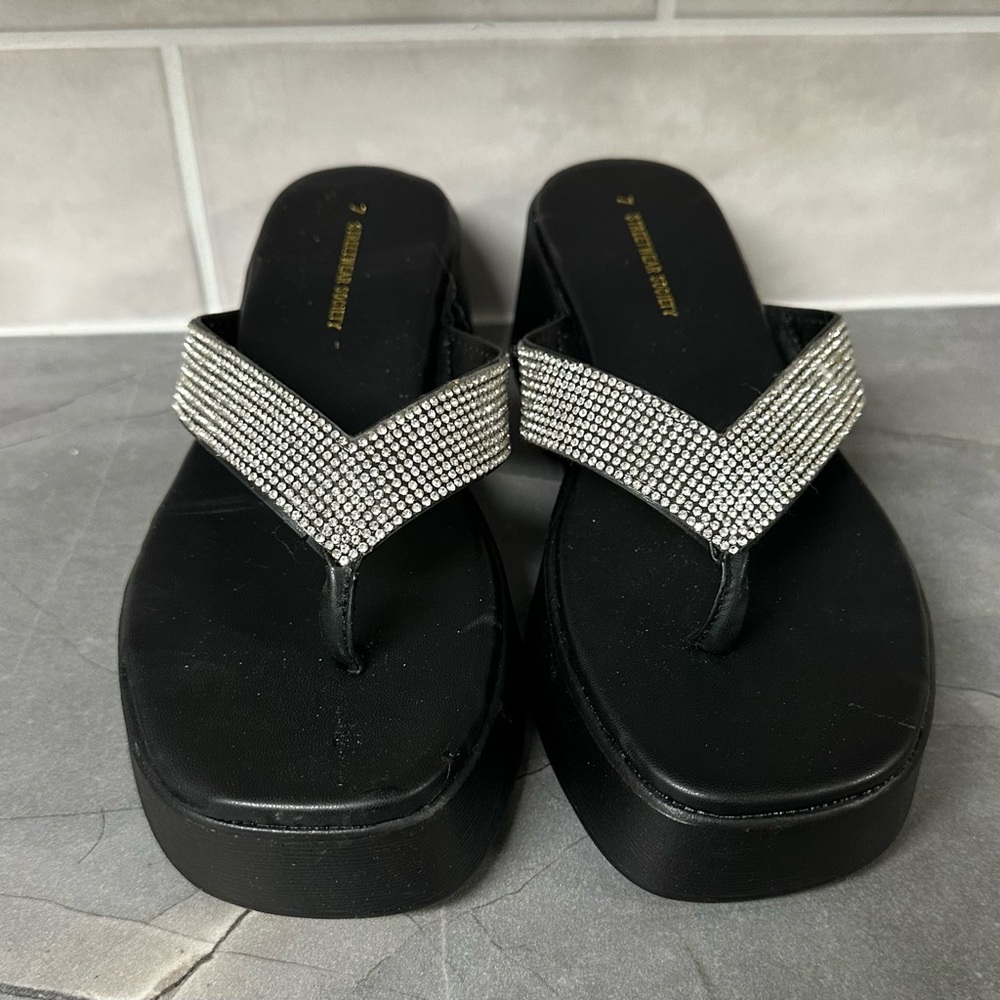 Black Rhinestone Embellished Platform Sandals 7 - Picture 2 of 7